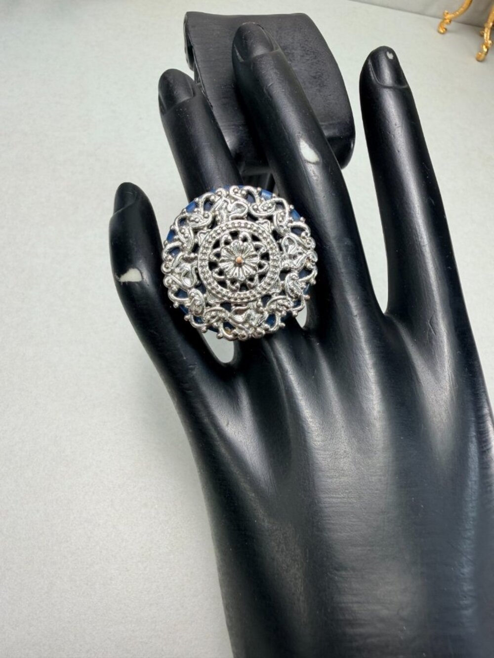 Vintage Lucite Statement Ring Blue Silver Tone Filigree Large Bold Size 6